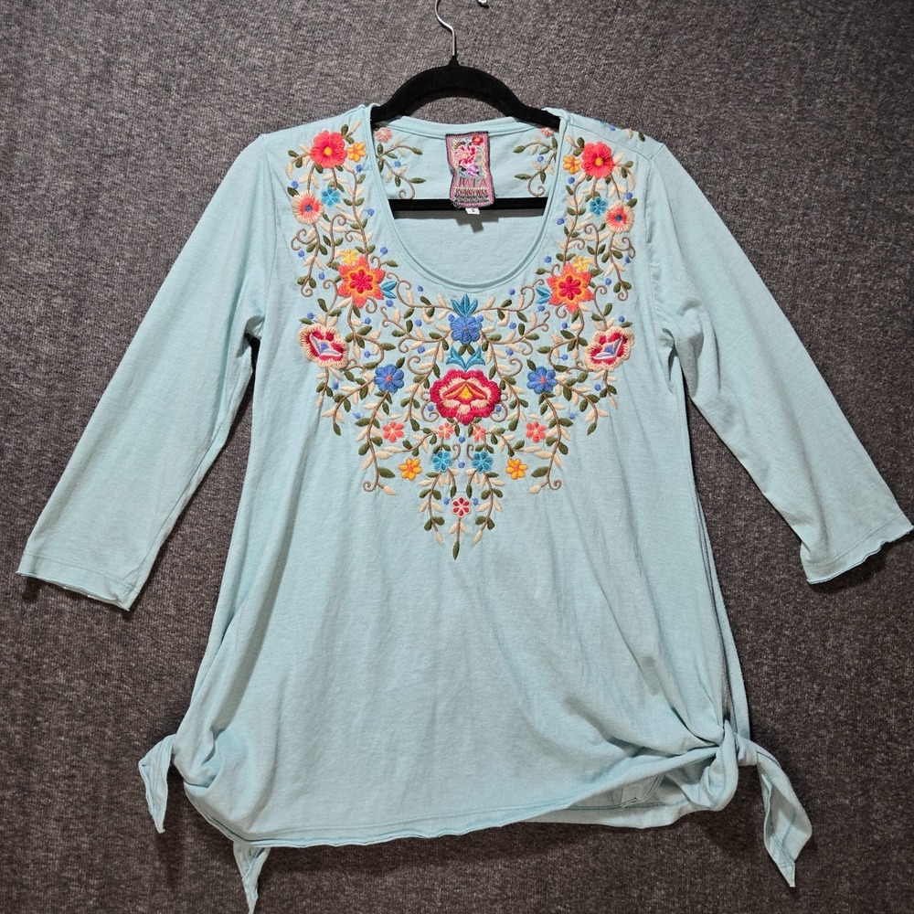 Johnny Was JWLA Tuscany Light Sky Blue Tuscany Floral Embroidered 3/4 Slv Tee S